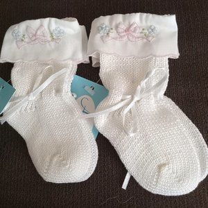 Two Pair Infant Girl's White Knit Booties With Embroidered Cuffs; NWT By Auraluz